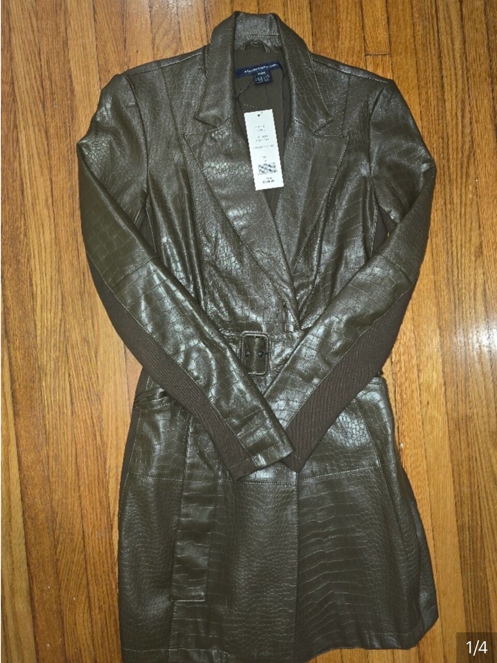 French Connection Olive Green Croc-Embossed Faux Leather
Trench Coat
